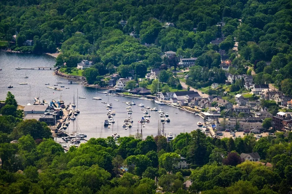 Aerial view of a river marina with many boats, docks, and a green wooded shoreline