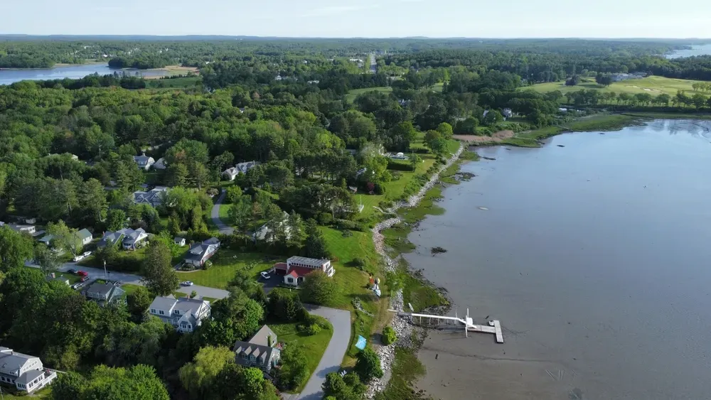 Aerial view of a lakeside neighborhood with green trees, houses, and a dock along the shore