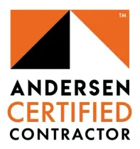 An orange and black logo for andersen certified contractor