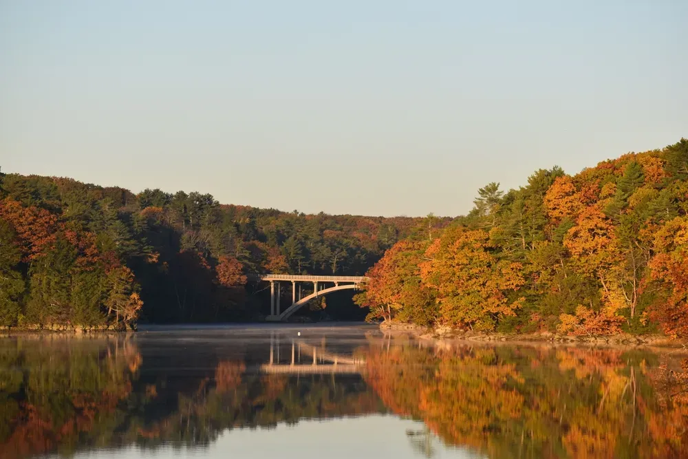 Calm river reflecting autumn trees and a bridge under clear sky
