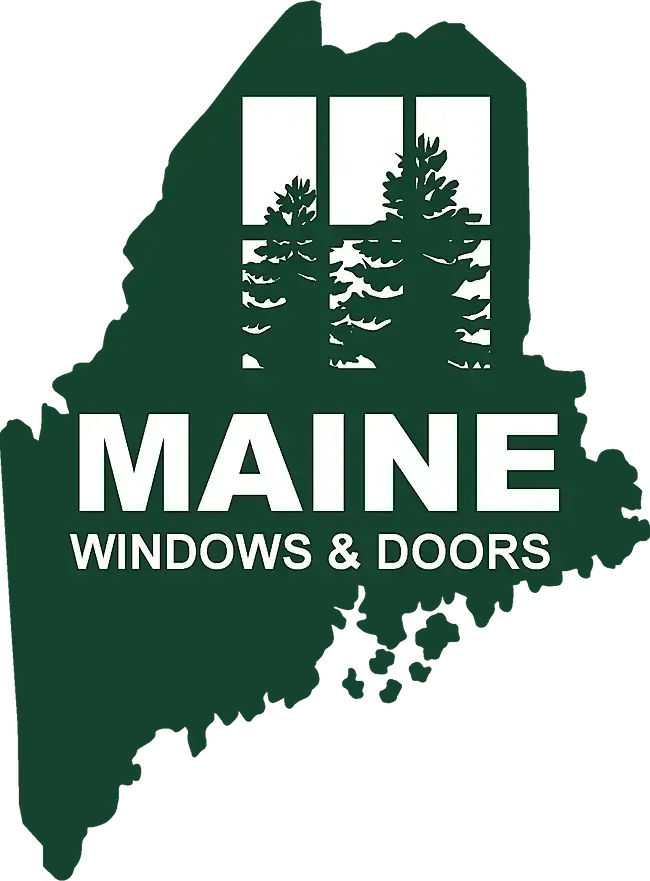 The maine windows and doors logo is a map of maine with trees in the background.