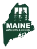 The maine windows and doors logo is a map of maine with trees in the background.