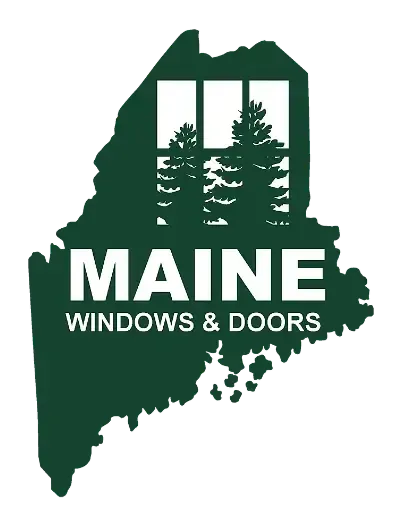 The maine windows and doors logo is a map of maine with trees in the background.
