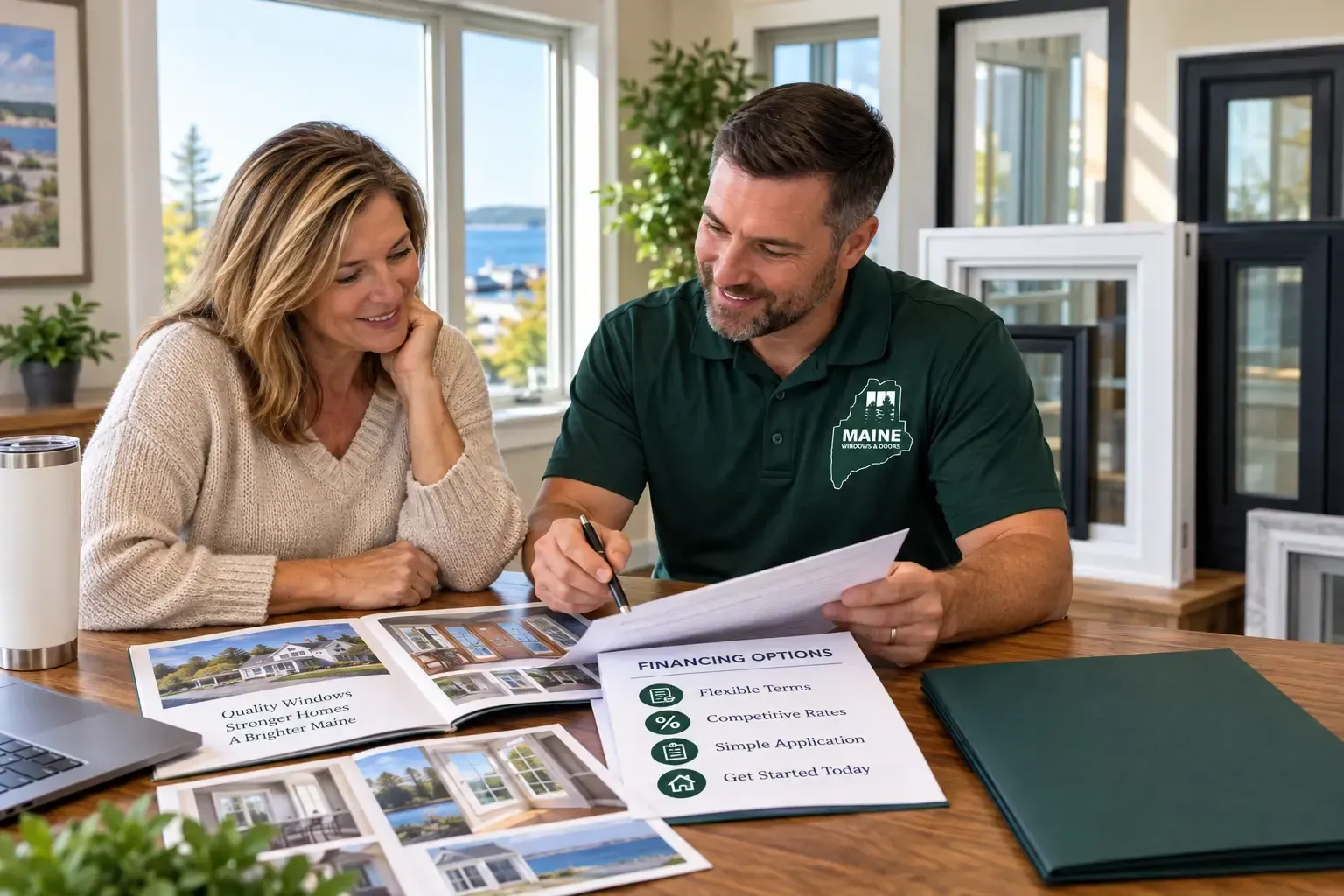 Two people review home plans at a table in a bright showroom with floor samples and brochures
