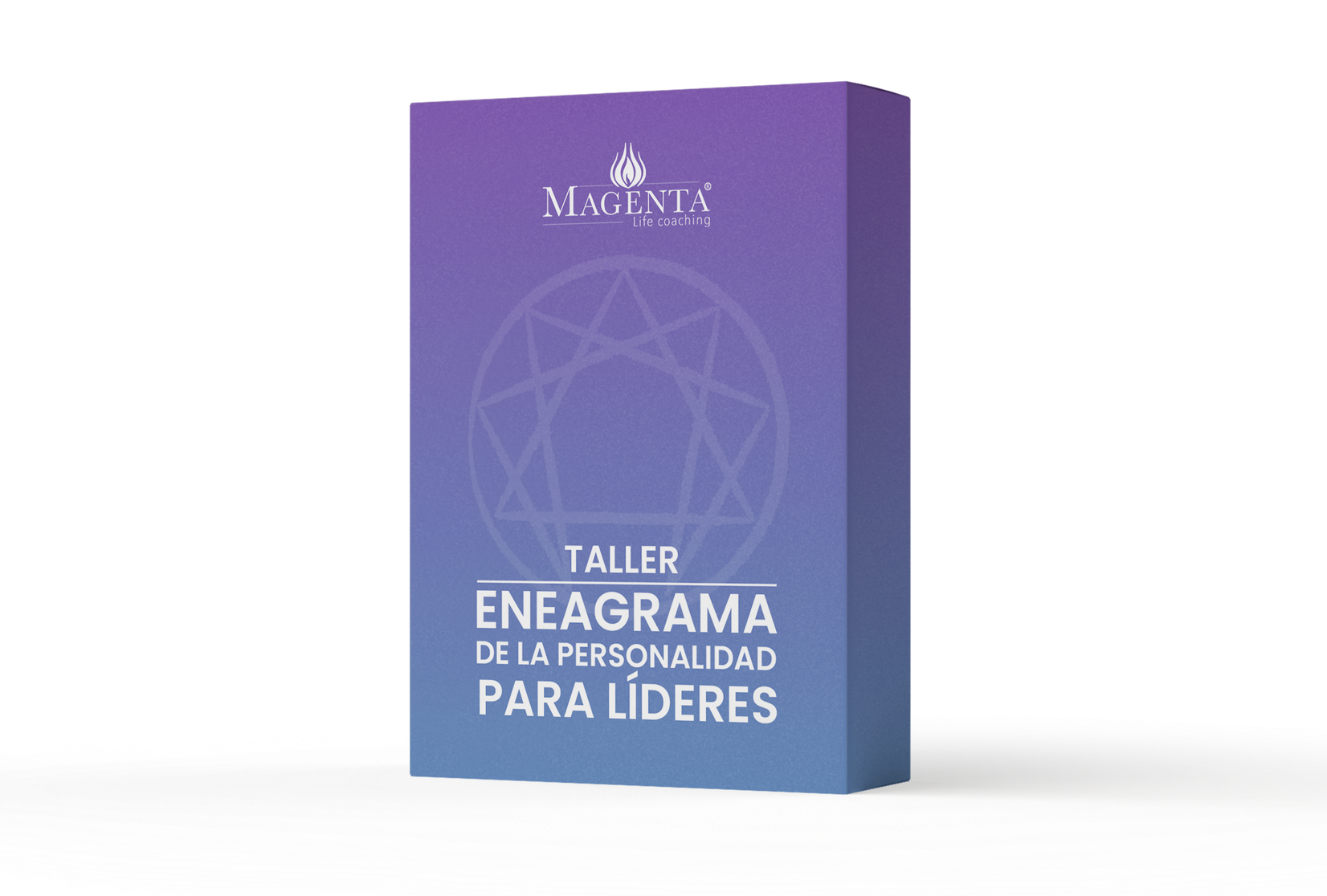 Caja con diseño degradado en morado y azul que promociona un taller de Eneagrama para líderes.