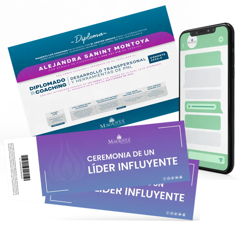 Diploma y entradas para eventos, junto a un teléfono inteligente con interfaz de chat sobre fondo blanco.