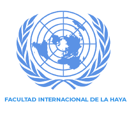 Logotipo de las Naciones Unidas sobre texto: Facultad Internacional de la Haya, en azul sobre fondo blanco.