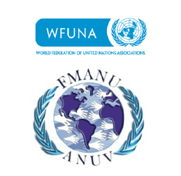 Logotipos de WFUNA (arriba) y FMANU-ANUV (abajo), ambos con un motivo de globo terráqueo.