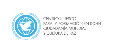 Logotipo del Centro UNESCO: Globo terráqueo con una paloma rodeada de una corona de trigo; texto en español.