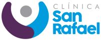 Logo for Clínica San Rafael: blue and purple arc, grey circle, text 