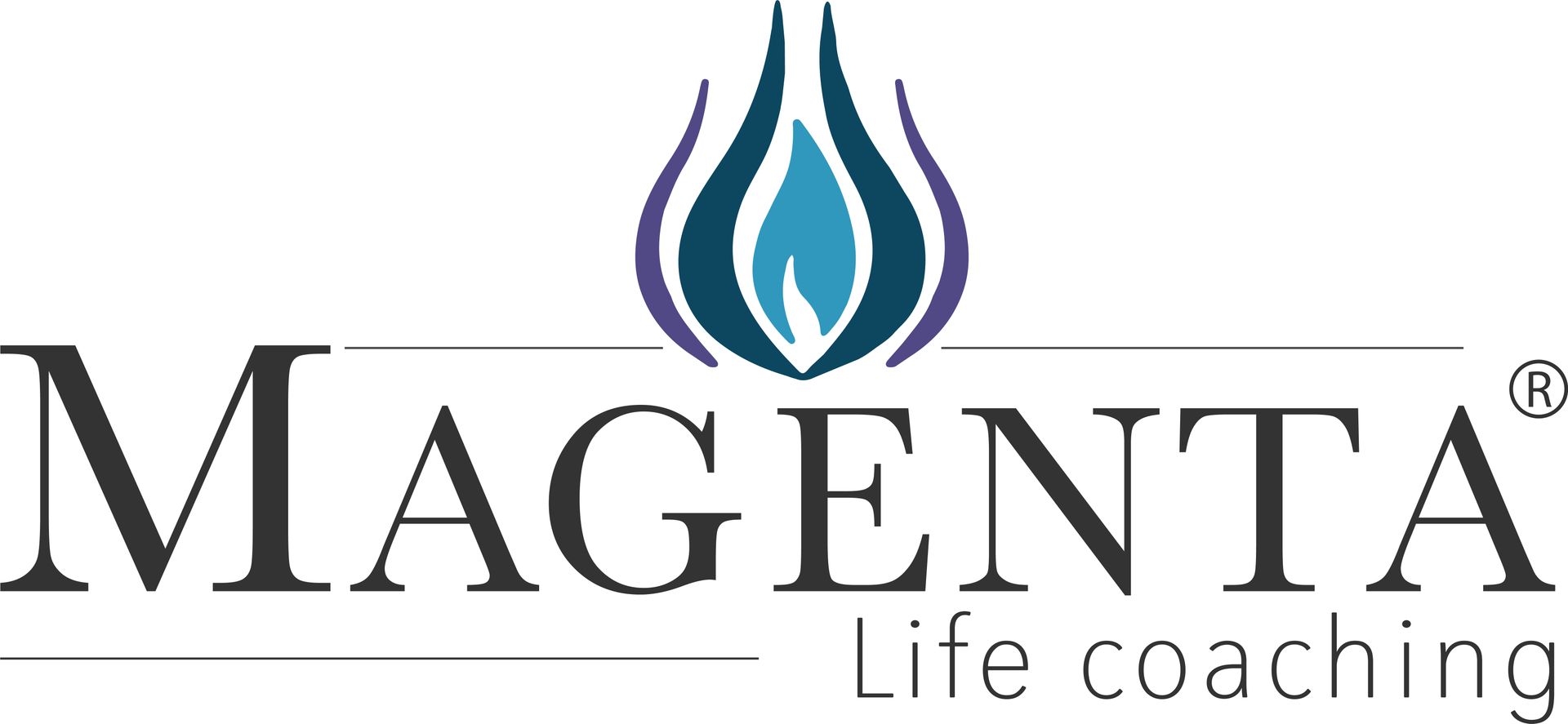 Logotipo de coaching de vida en color magenta con gráfico y texto de llama.