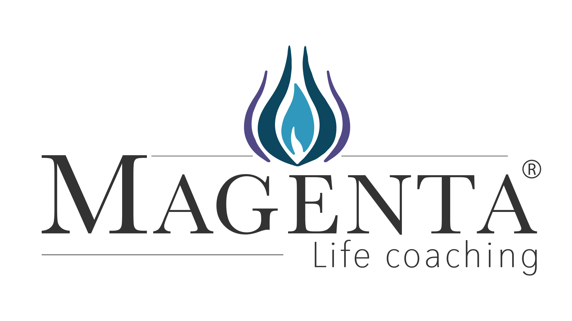 Logotipo de Magenta Life Coaching: texto con un ícono de llama en azul, verde azulado y morado.