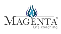 Logotipo de Magenta Life Coaching: texto con un ícono de llama en azul, verde azulado y morado.
