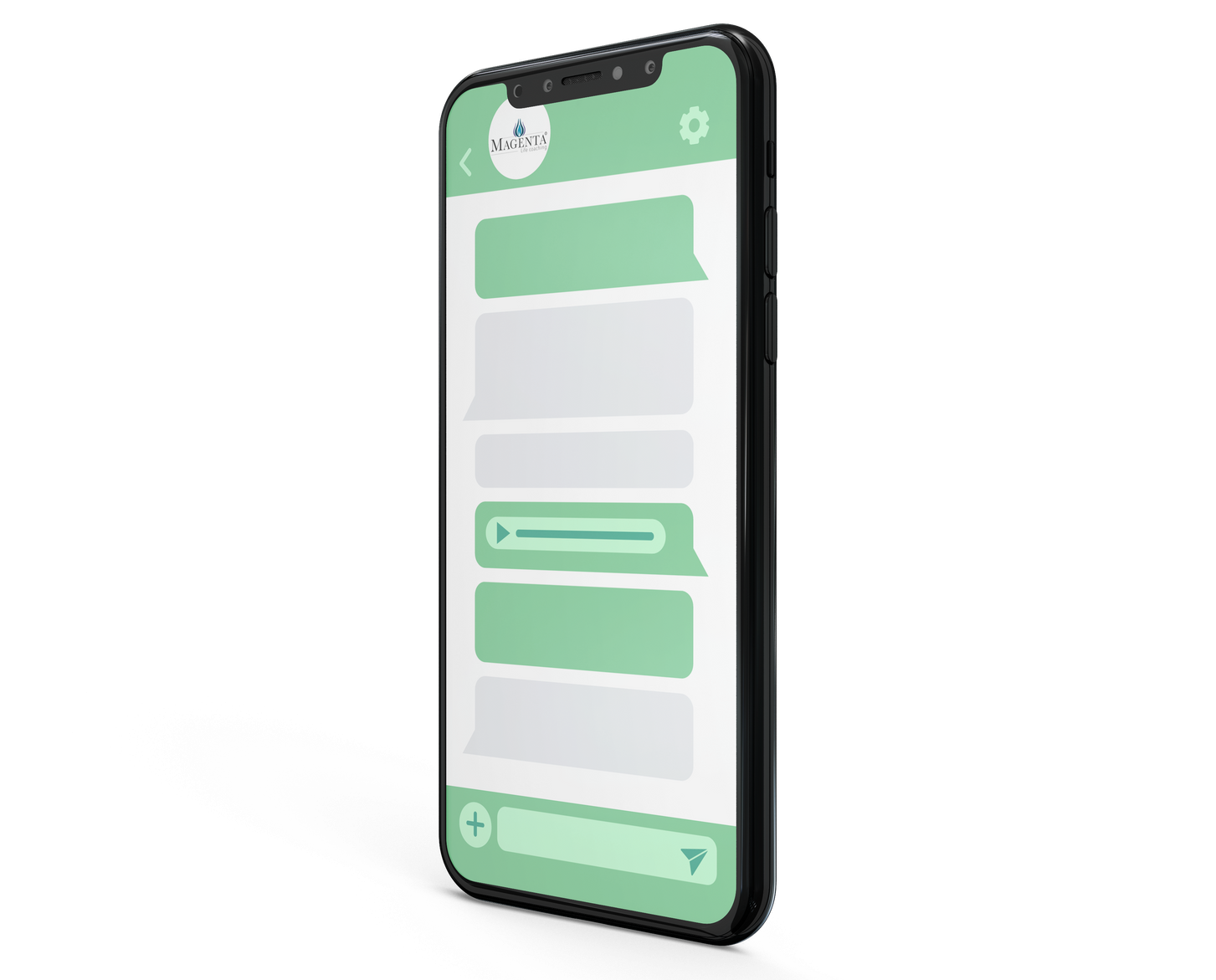 Teléfono inteligente que muestra una interfaz de chat con un esquema de colores verde y blanco.