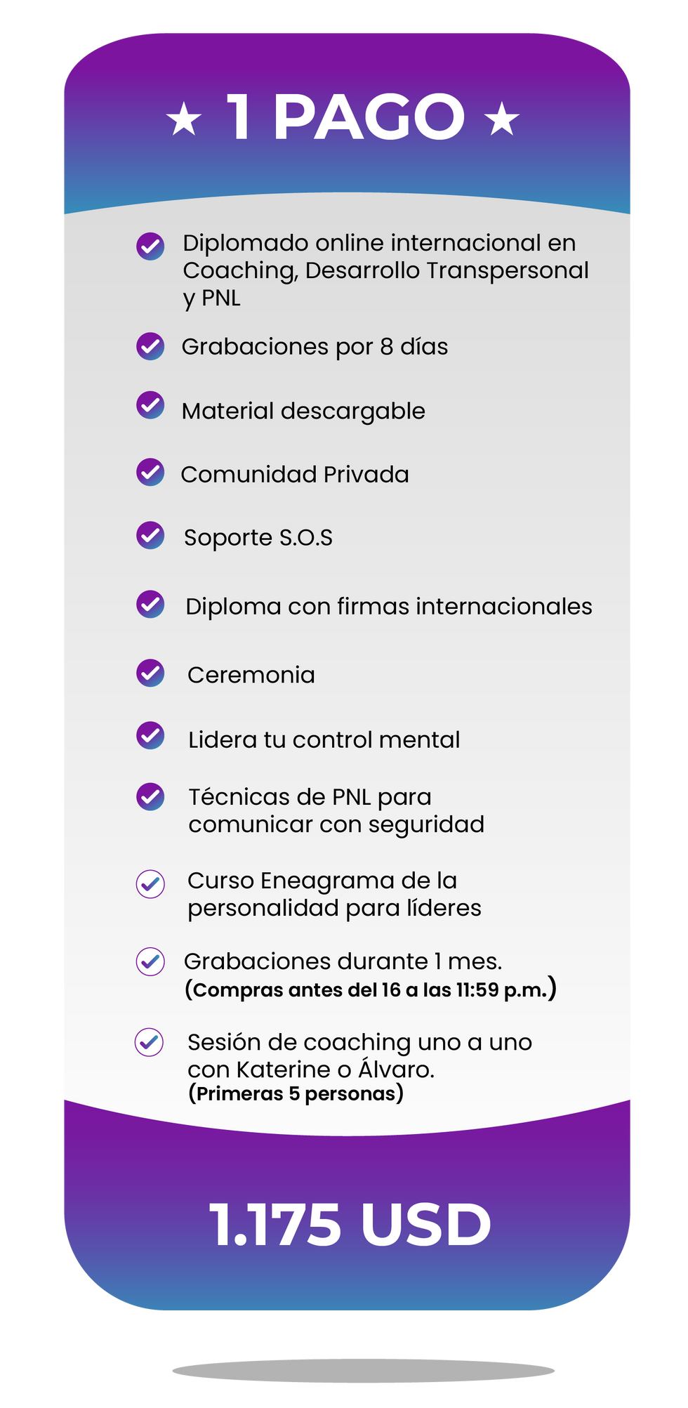 Precio del coaching, pago único: 1.175 USD. Tarjeta morada con características detalladas, incluyendo comunicación y liderazgo personal.