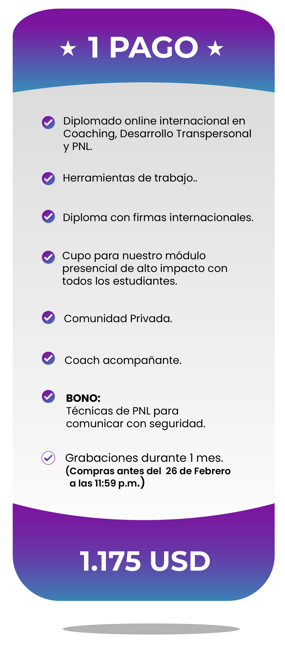 Precio por pago único. Incluye texto e iconos sobre fondo morado y azul. El precio es de 1.175 USD.