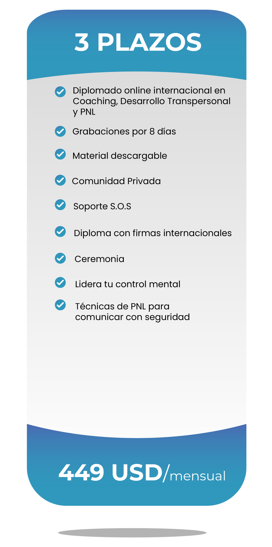 Un gráfico promocional azul con texto que enumera características y un precio: 449 USD/mes por