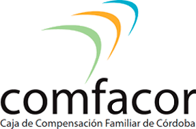 Logo of Comfacor, Caja de Compensación Familiar de Córdoba. Features curved lines in blue, yellow, and green above the company name.