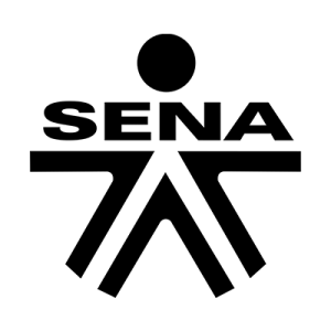 Logotipo del SENA: Persona estilizada de color negro con los brazos extendidos, una cabeza y la palabra 
