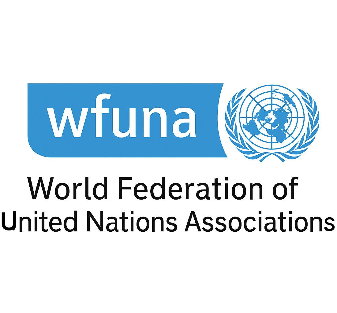 Logotipo de la Federación Mundial de Asociaciones de las Naciones Unidas: recuadro azul con 