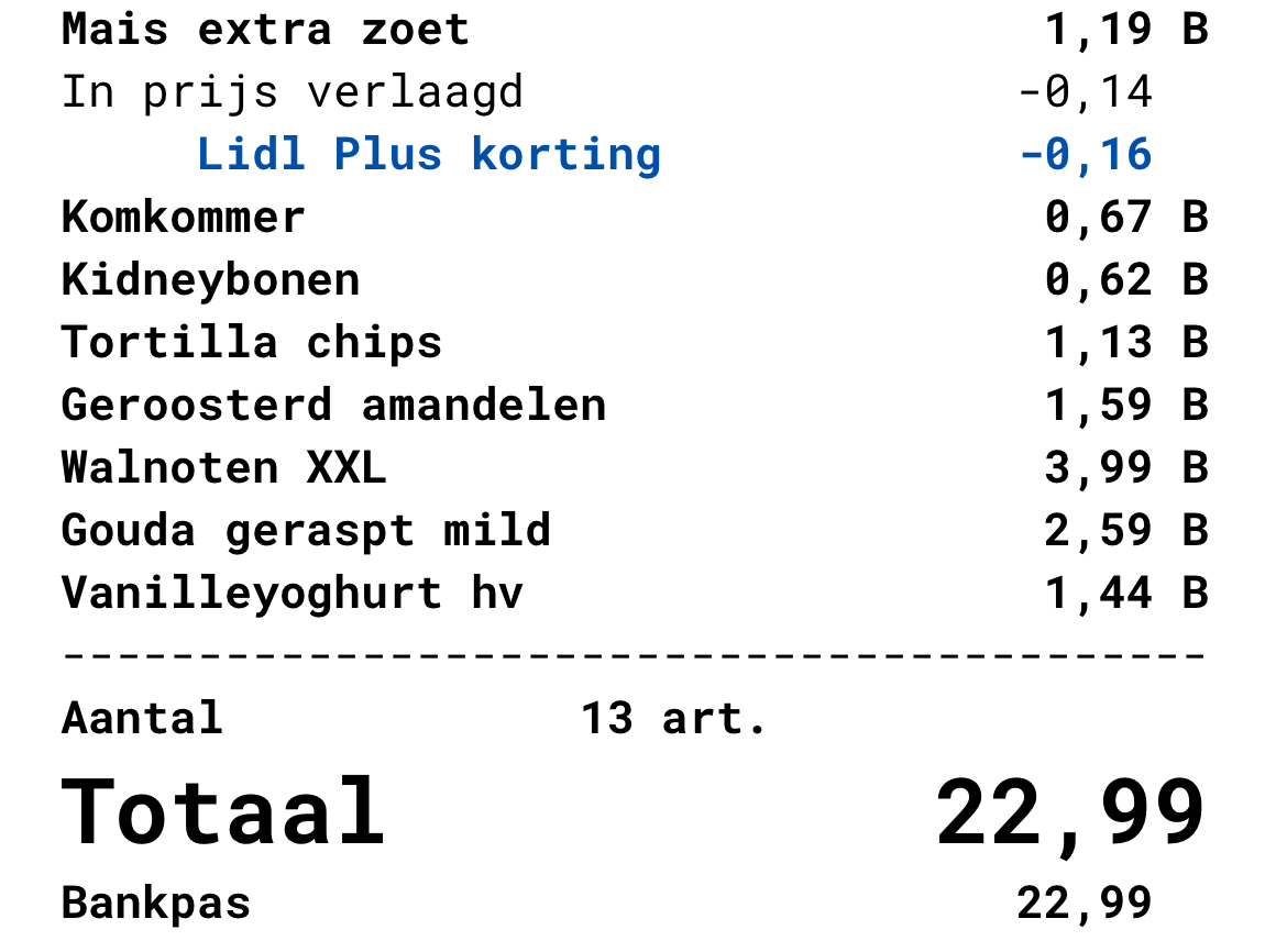 Boodschappen bij Lidl: € 22,99