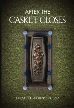 Book cover titled “After the Casket Closes” showing an open coffin with flowers inside on a green background