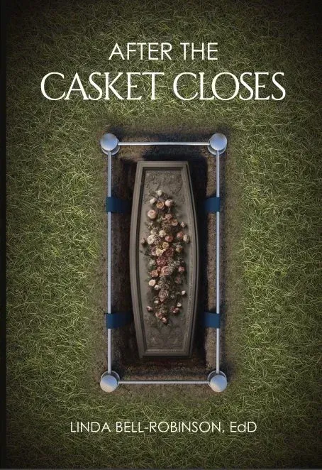 Book cover titled “After the Casket Closes” showing an open coffin with flowers inside on a green background