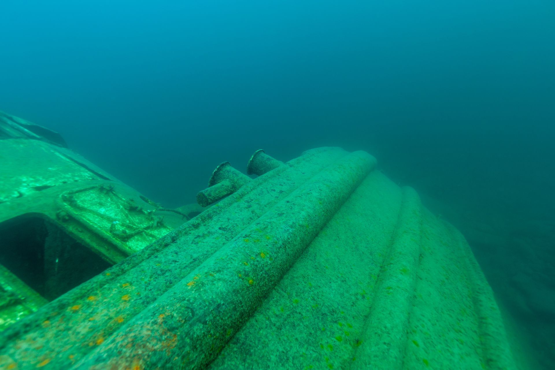 A large green object is floating on top of a body of water.