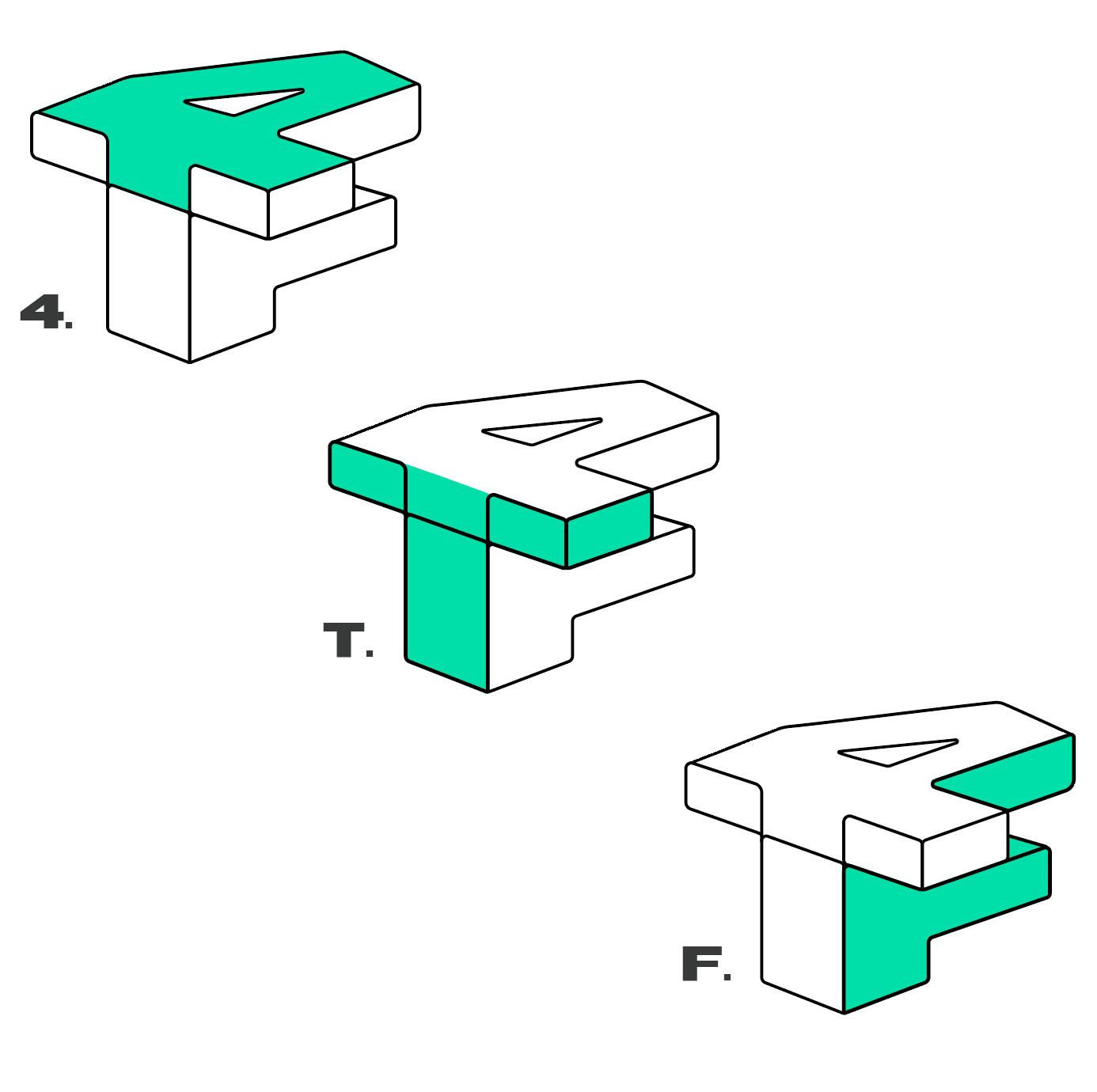 Three isometric block shapes labeled 4, T, and F, with teal highlighted faces.