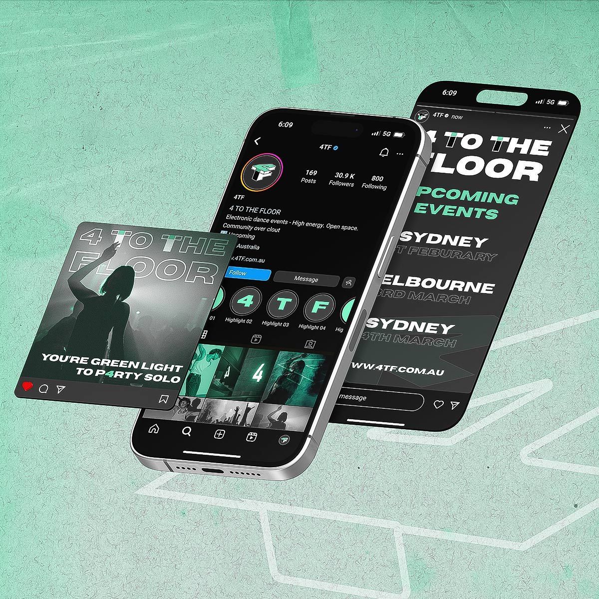 Three overlapping smartphone mockups showing a dark event app interface on a teal background
