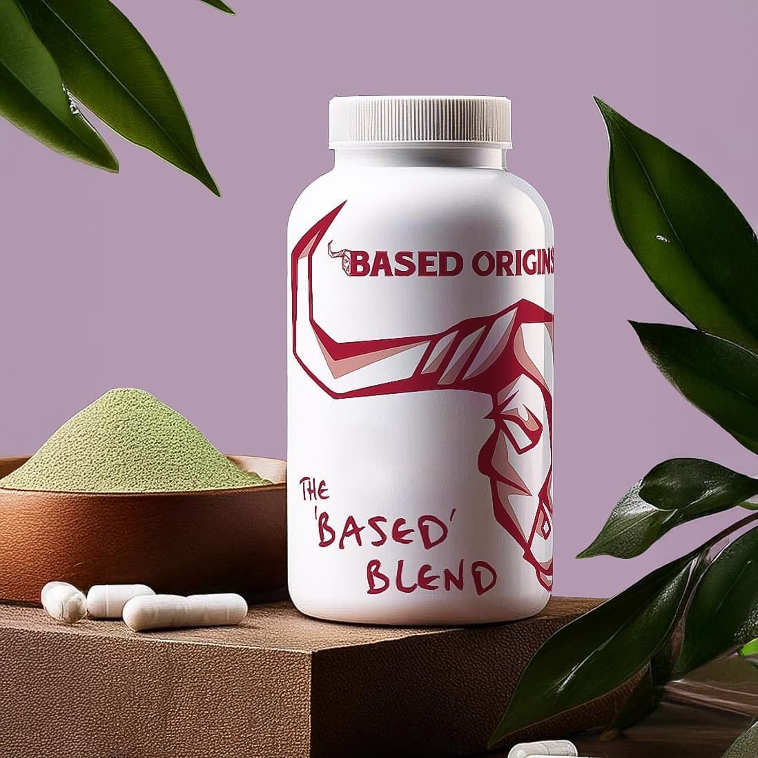 White supplement bottle labeled “The Based Blend” with green powder and capsules on a purple background