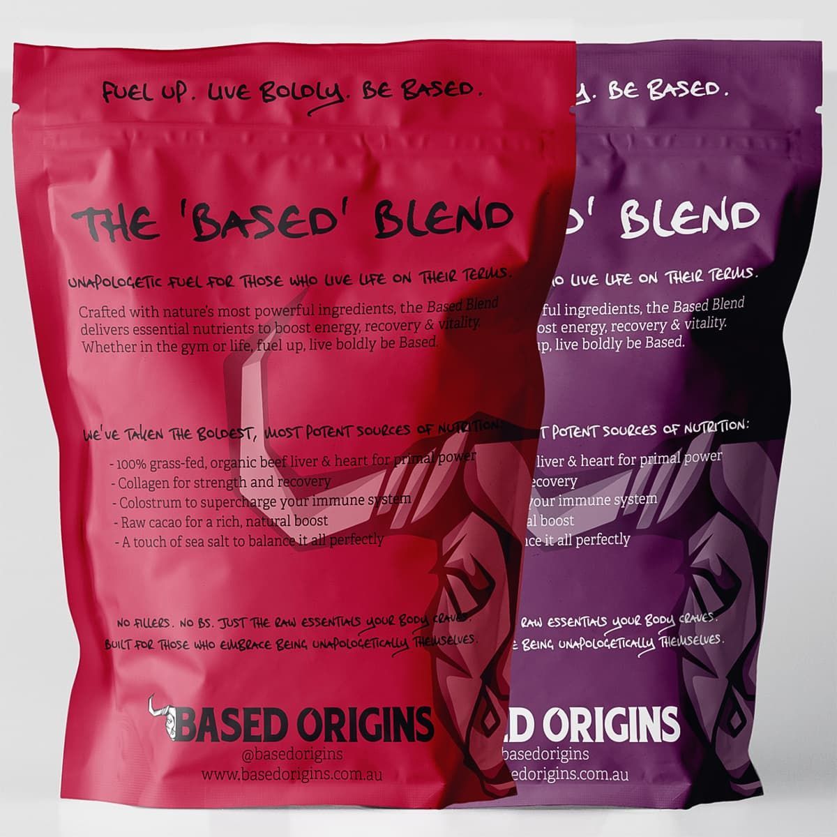 Two purple and pink coffee bags labeled “The Based Blend” and “Based Origins” side by side
