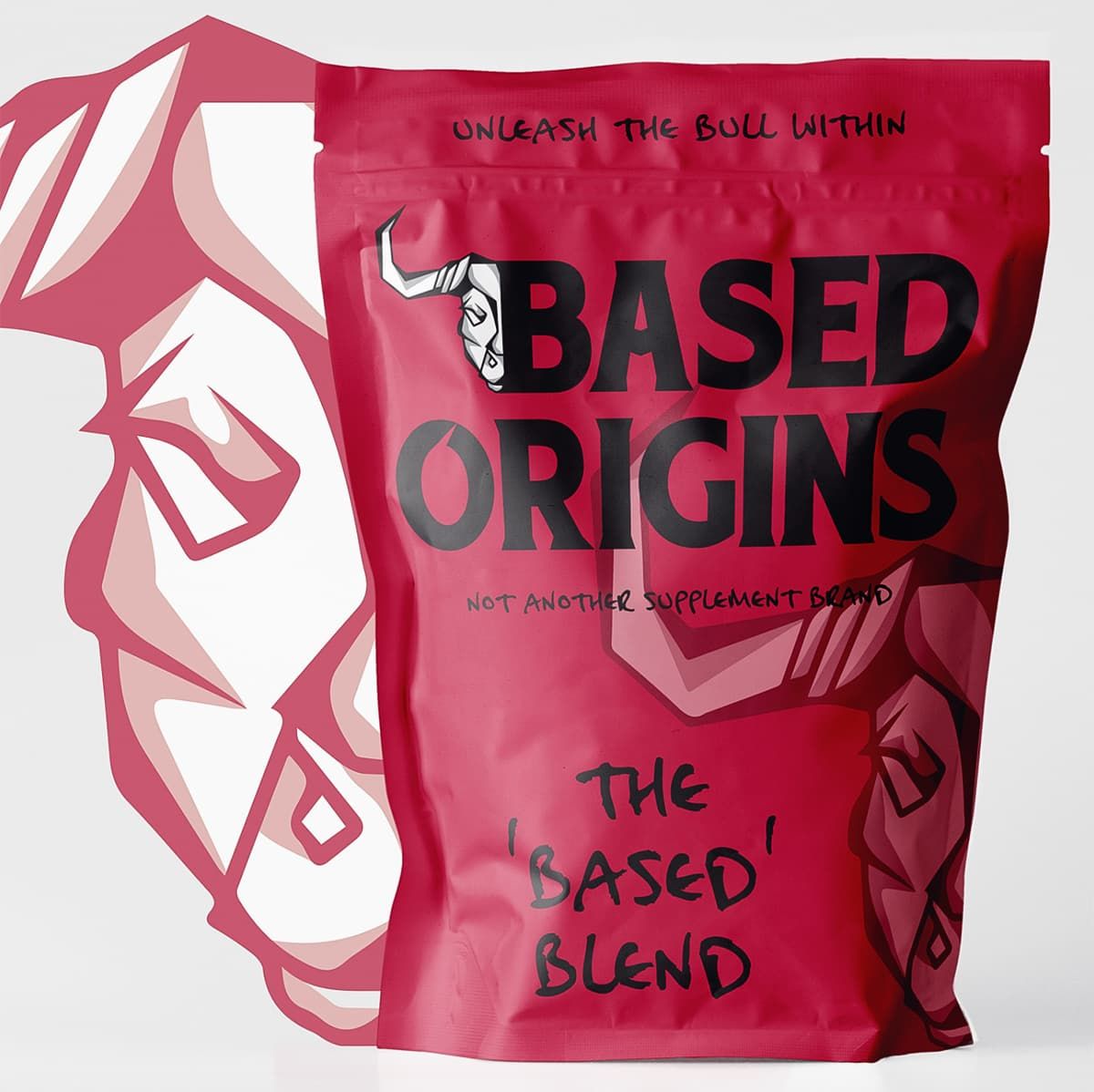 Custom designed product packaging for Based origins with a bull logo with bright red colour palette.