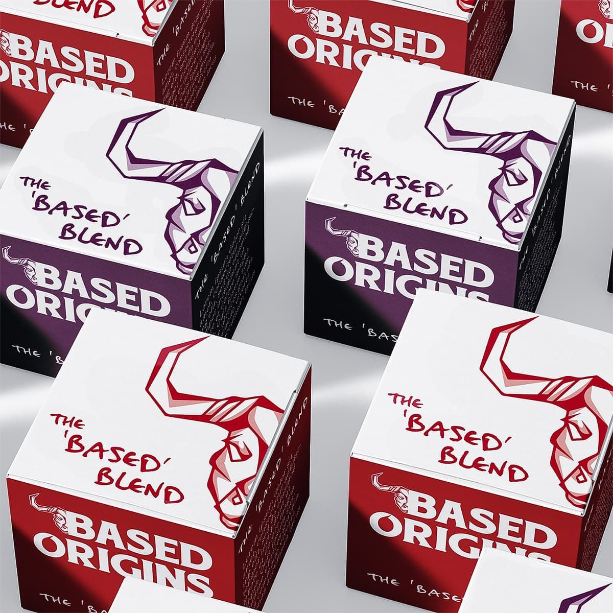 Stacked red, white, and black boxes labeled “The Based Blend” with a stylized hand logo.