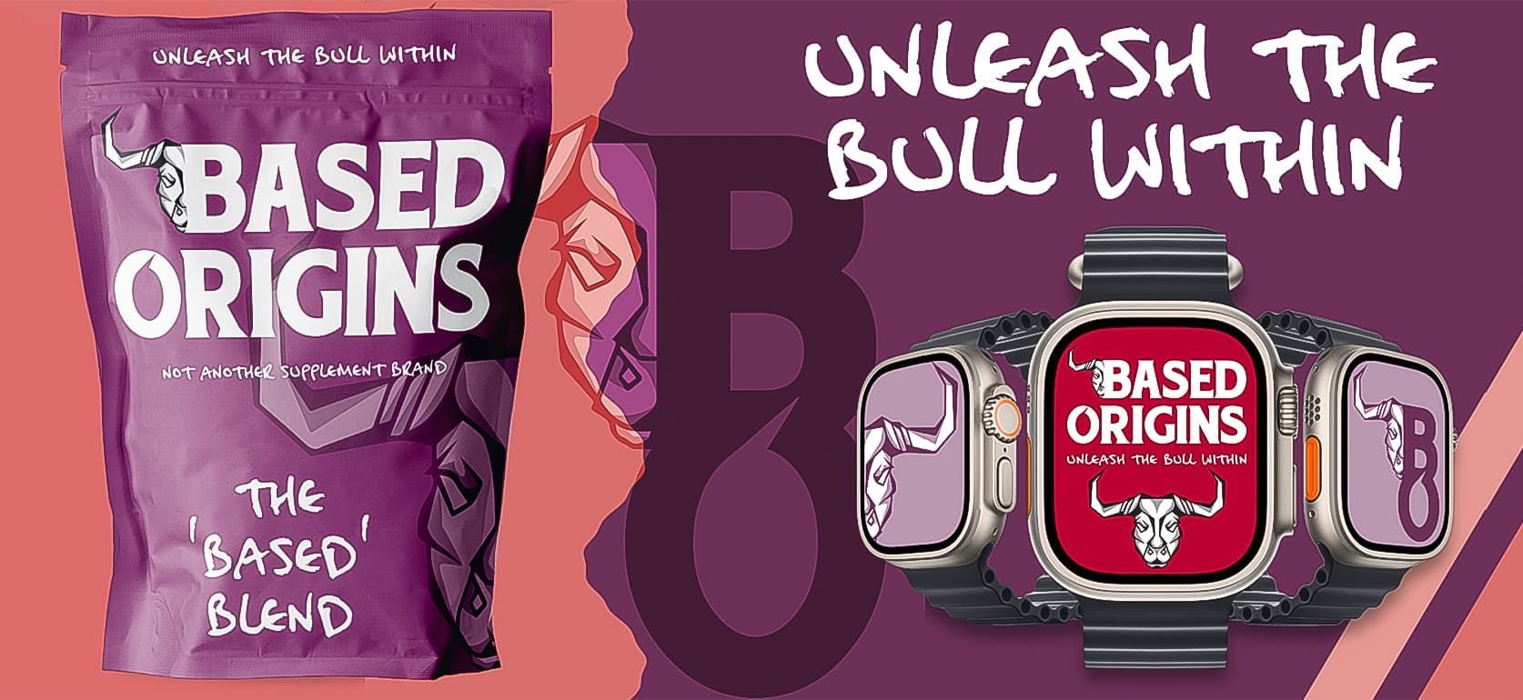 Purple ad for Based Origins toothpaste with slogan “Unleash the Bull Within” and toothpaste tube imagery