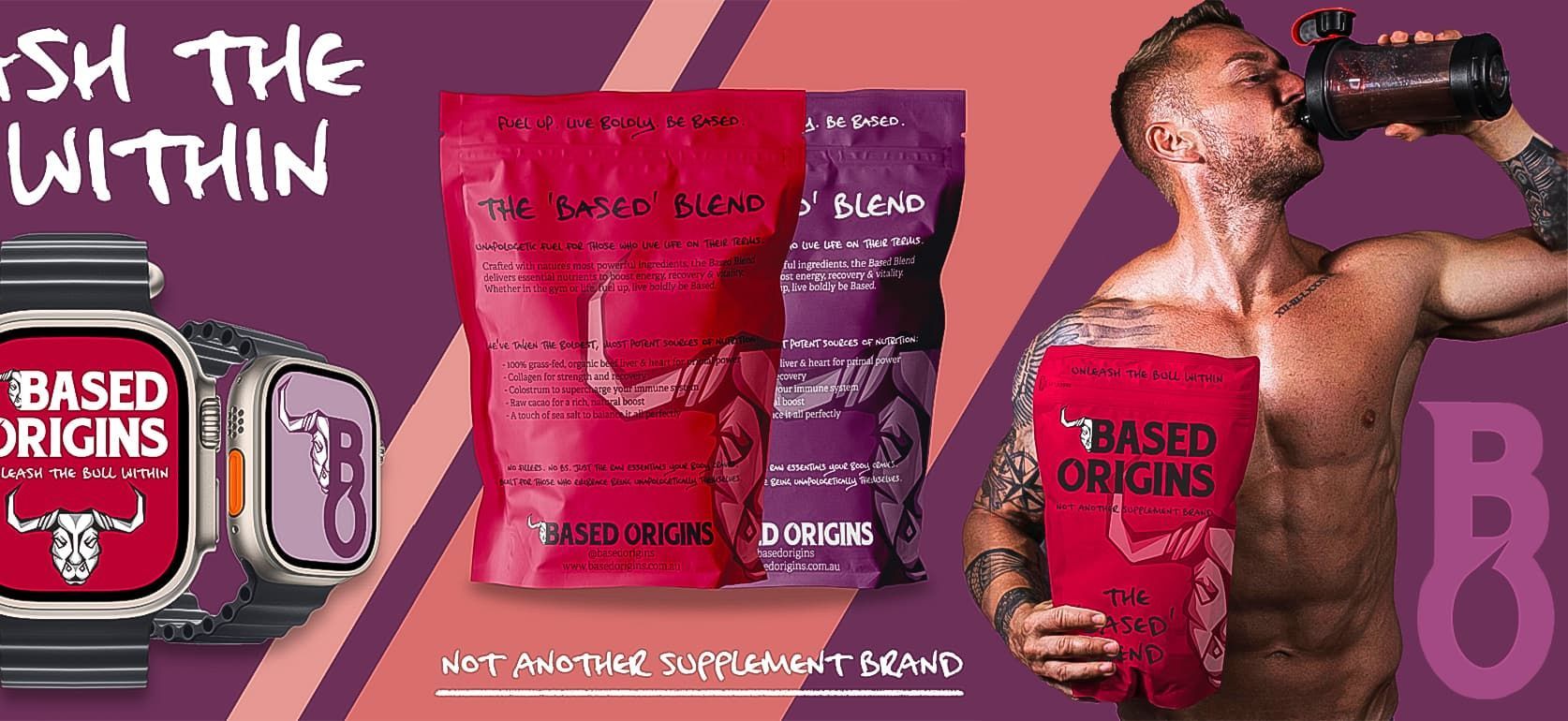 Fitness supplement ad with two red-pink product pouches and a man drinking from a shaker bottle on a purple background