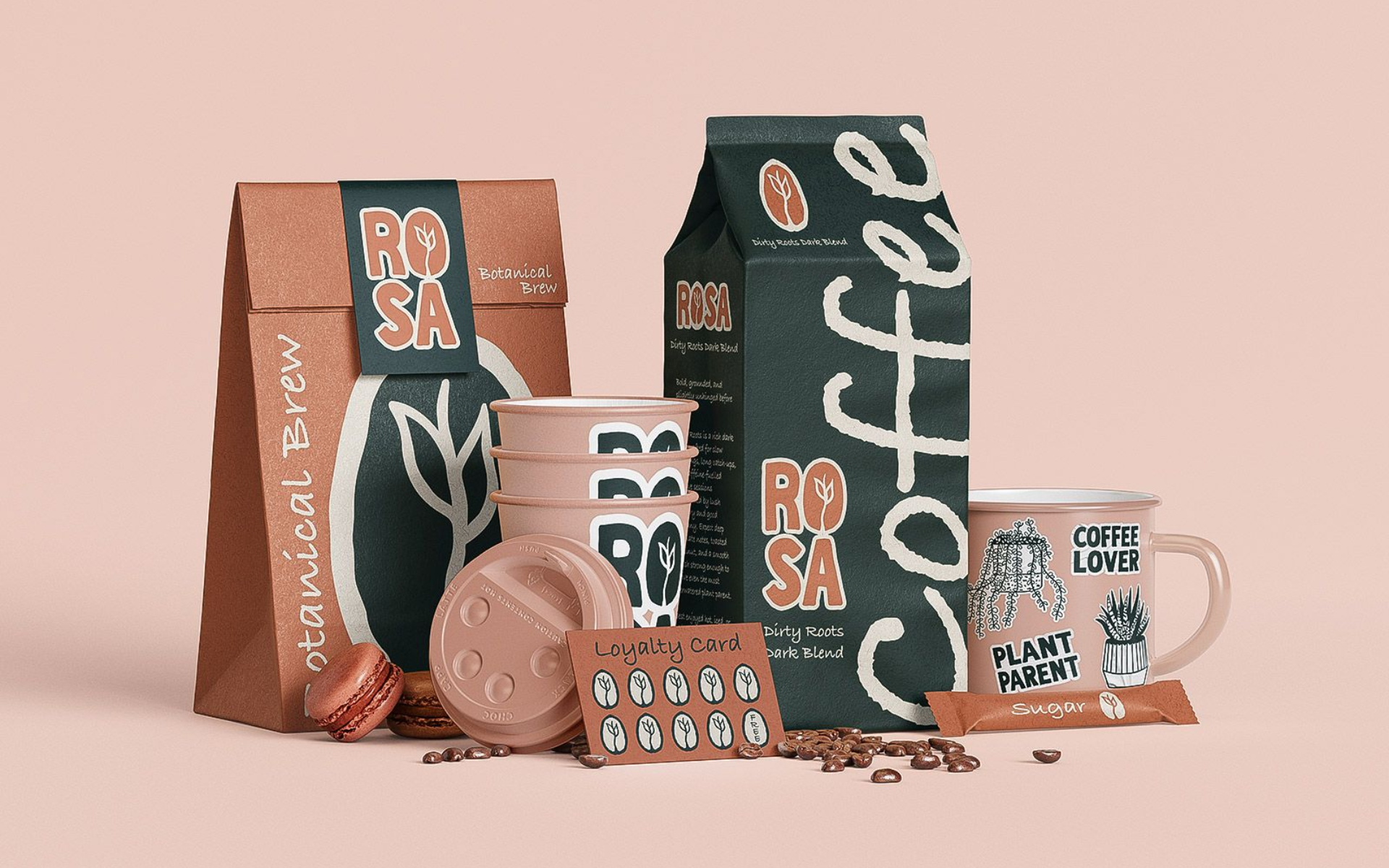 Assorted coffee packaging and mugs in brown, green, and white on a pastel pink background.