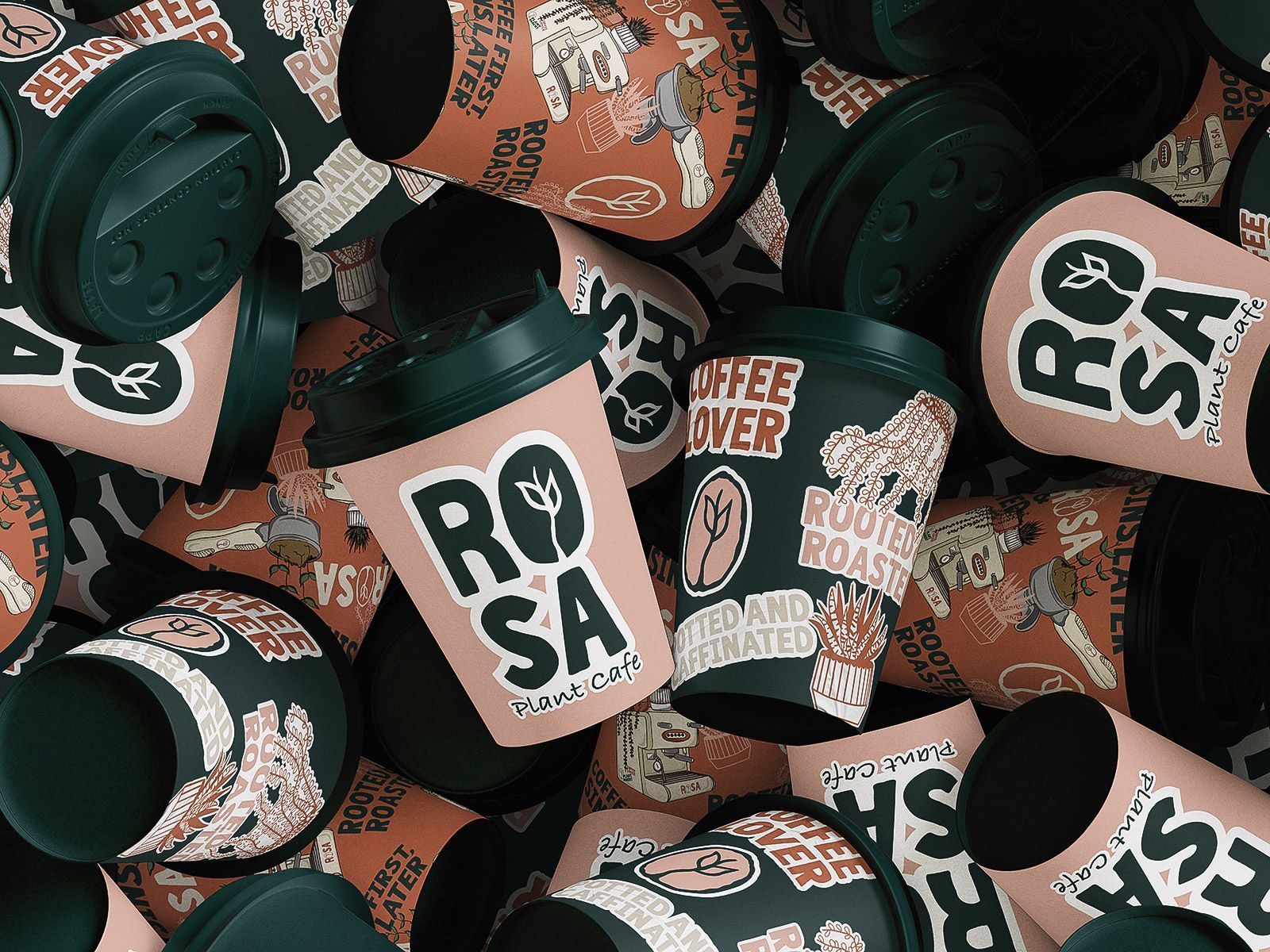 Assorted coffee cups with bold black and white lettering on a patterned background