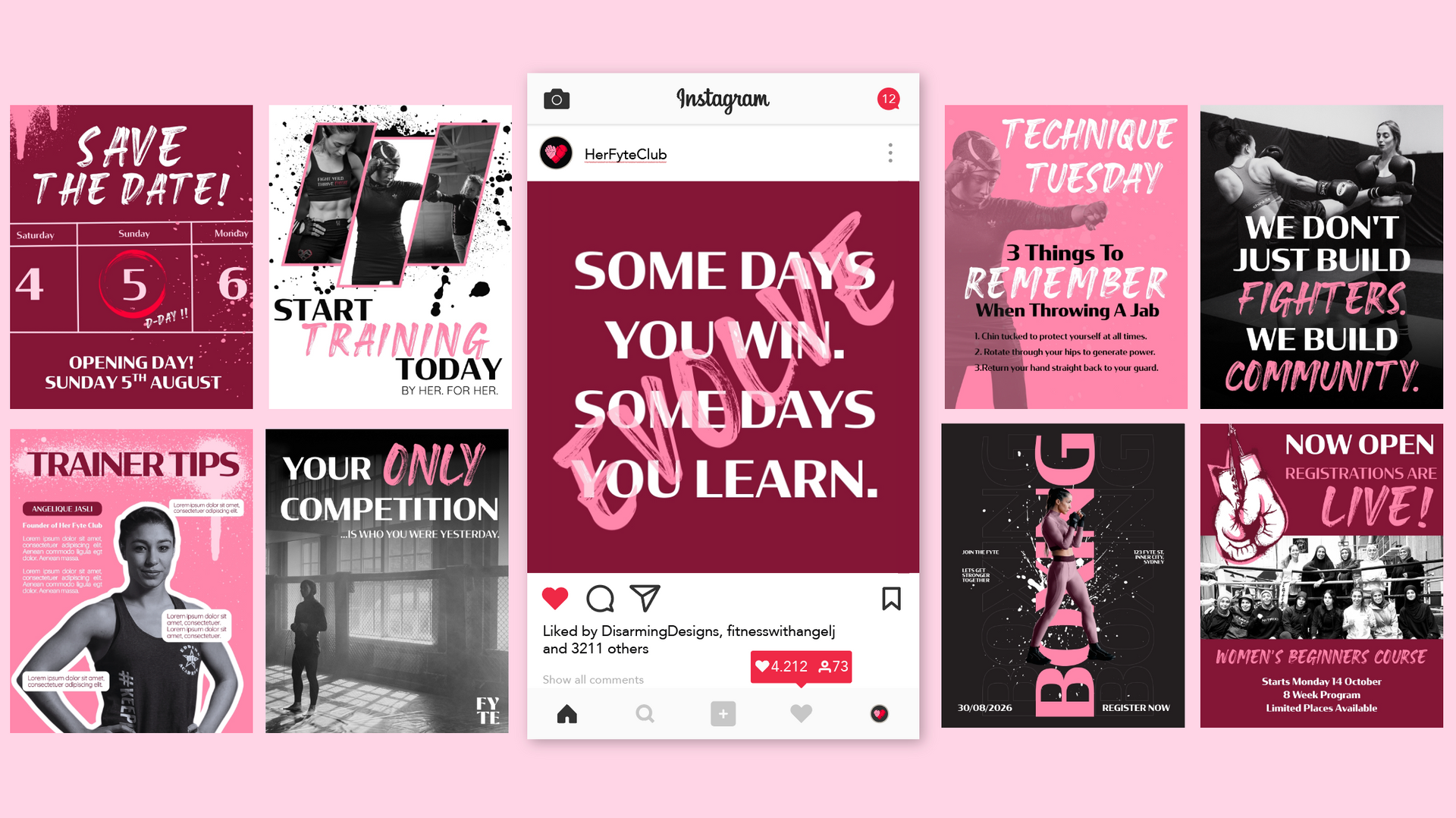 Pink-and-black social media quote collage with a central post reading “Some days you win, some days you learn.”
