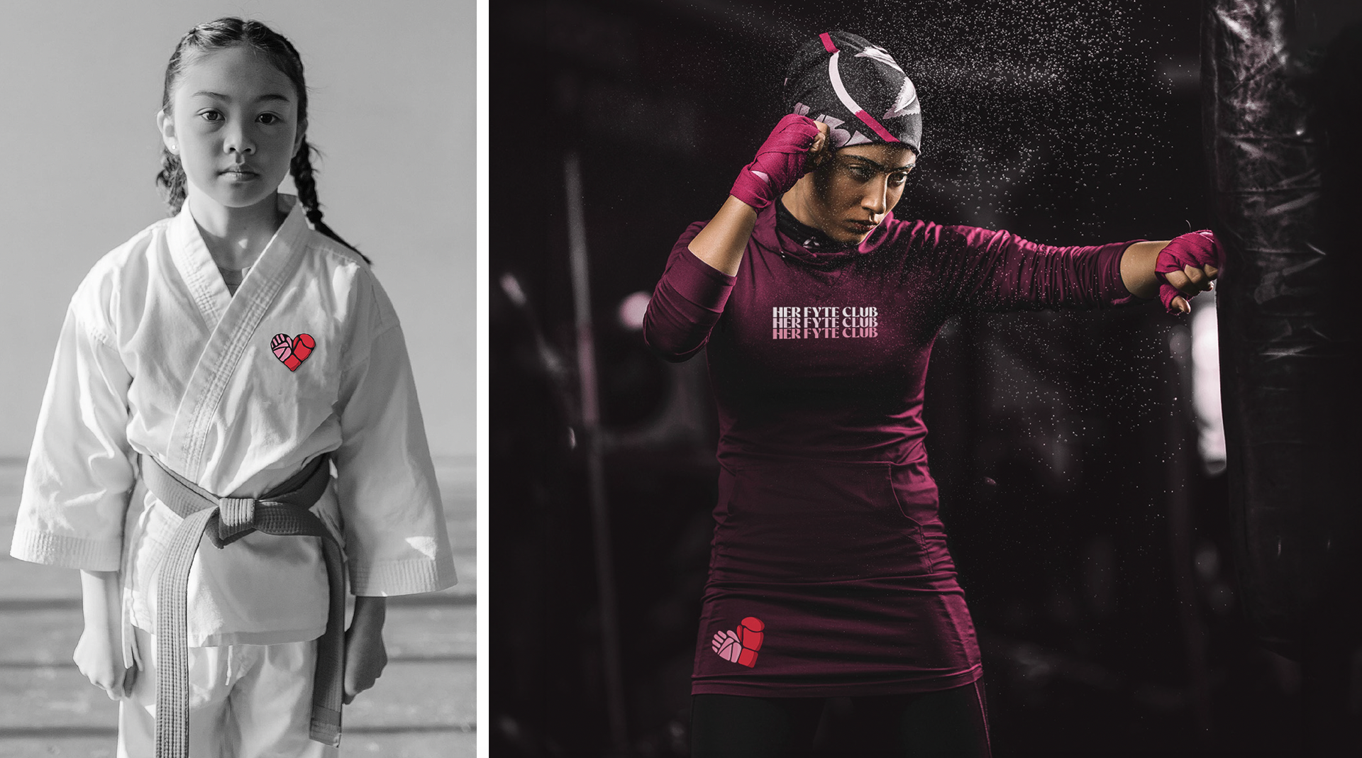 Side-by-side judo scenes: black-and-white portrait on the left, athlete in maroon gear celebrating on the right.