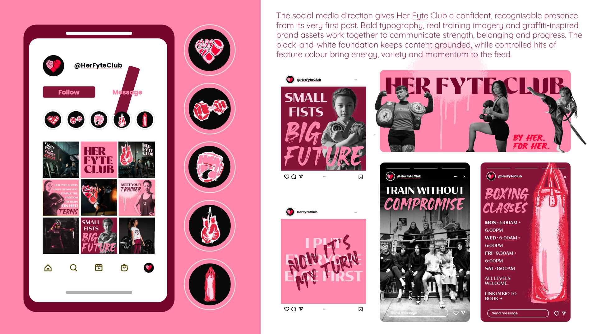 Pink and black fashion collage with a phone mockup, icons, and several edgy poster-style thumbnails