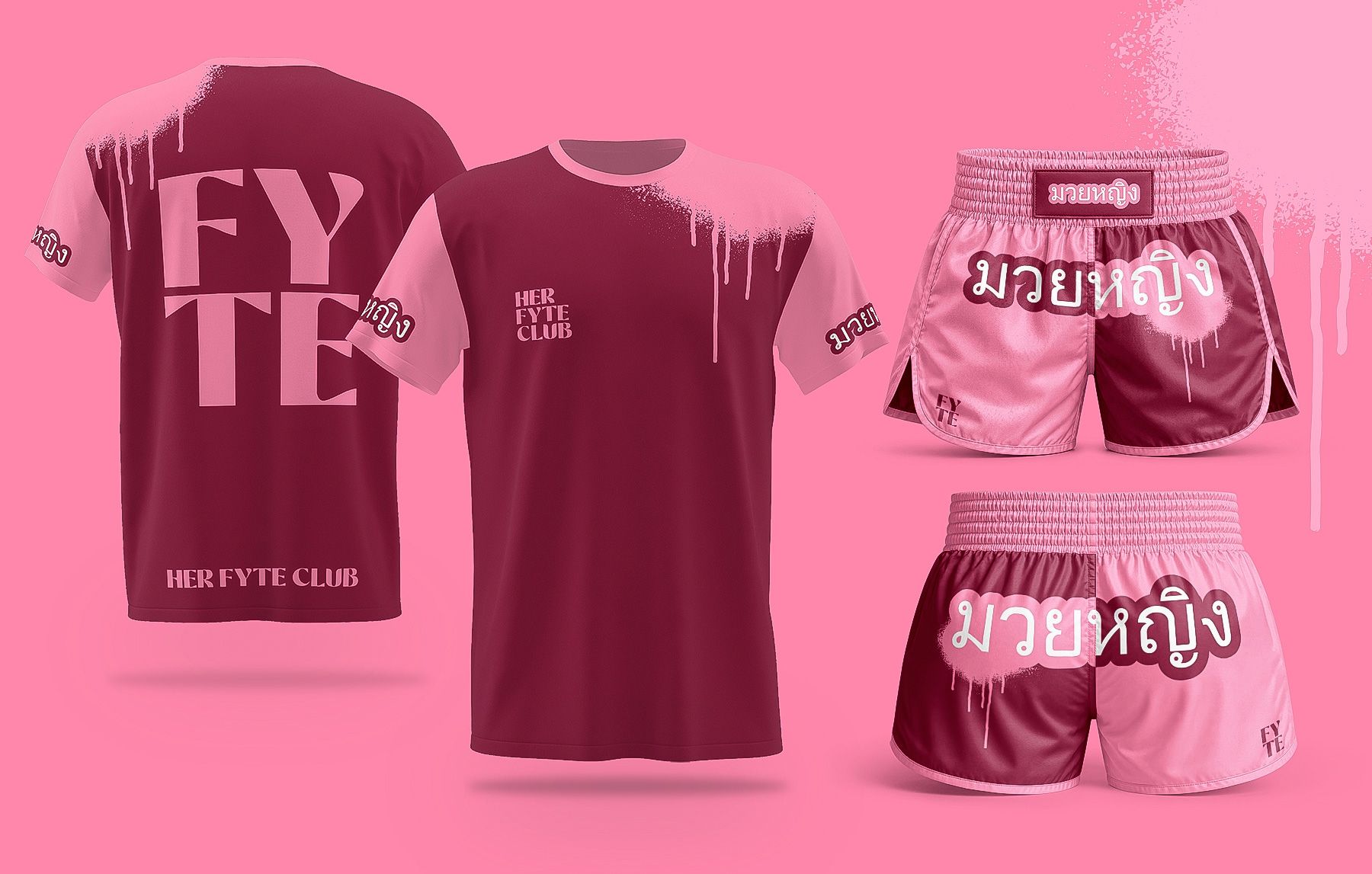 Pink T-shirt mockup with bold white text on front and back views, plus folded shirt views on the right.