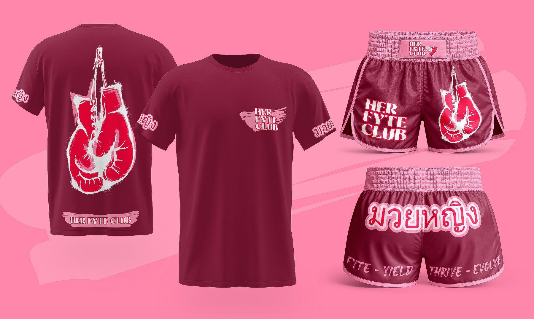 Maroon T-shirt and matching shorts set with white graphic print on a pink background