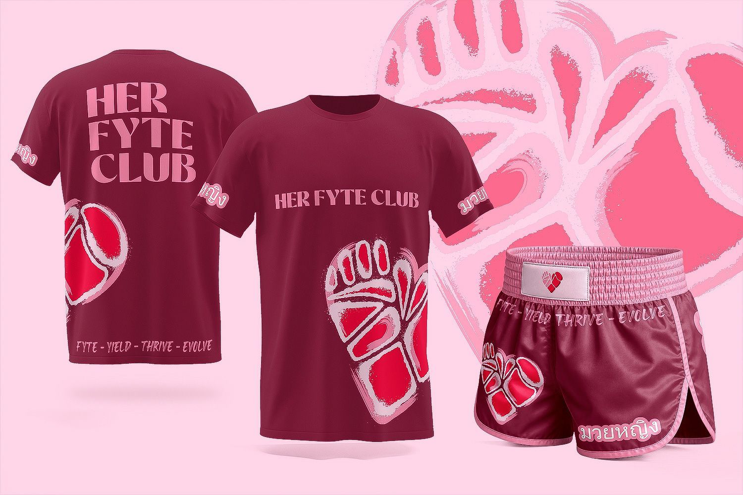 Maroon Heryt Club apparel set: two graphic T-shirts and matching shorts on a pink background
