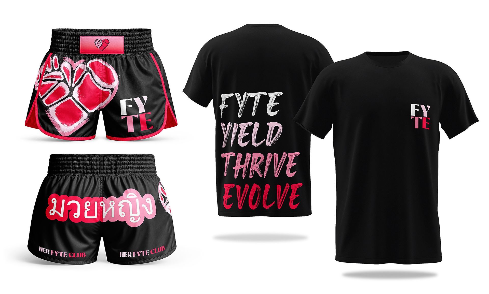 Black wrestling gear set with pink heart graphics and Thai text on shorts, top, and T-shirt