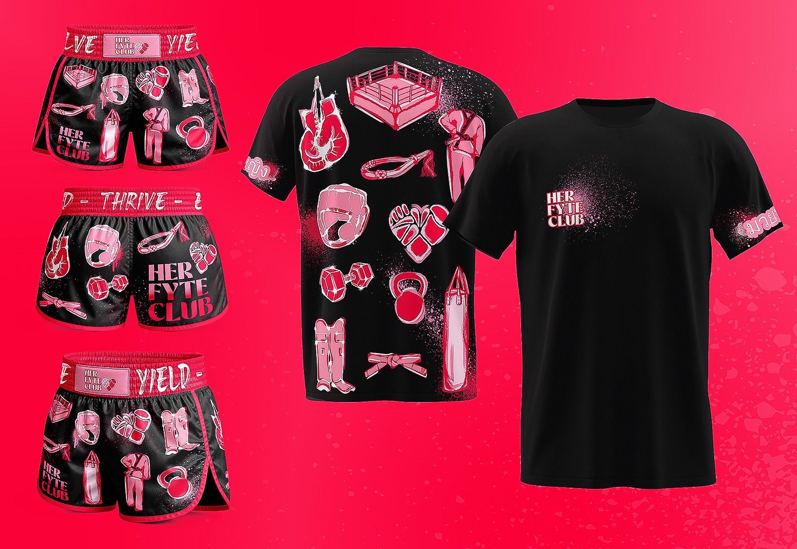 Black and pink streetwear set: shorts, skirt, graphic tee, and black logo tee on bright pink background