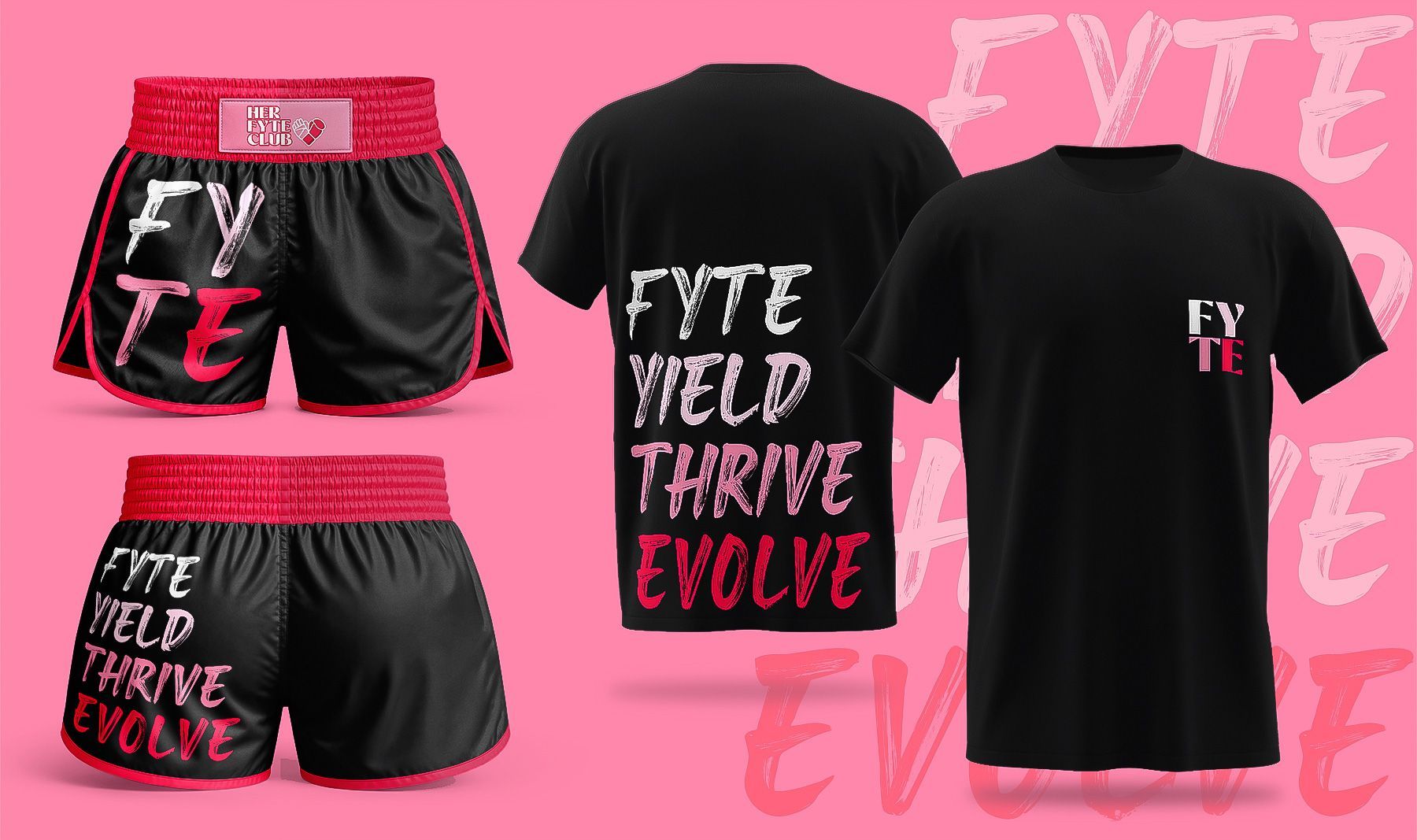 Black and pink FYTE apparel set: shorts and T-shirts with bold slogan graphics on a pink background