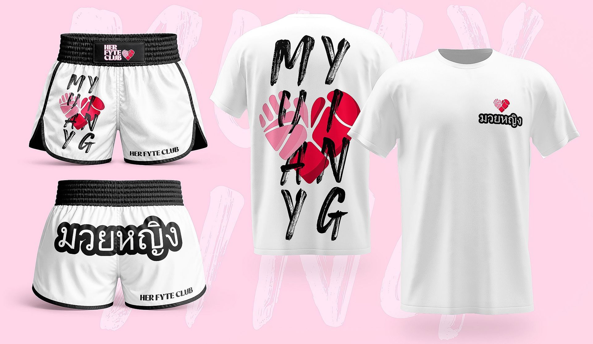 White and black shorts and white T-shirts with pink/red graphic prints on a pink background
