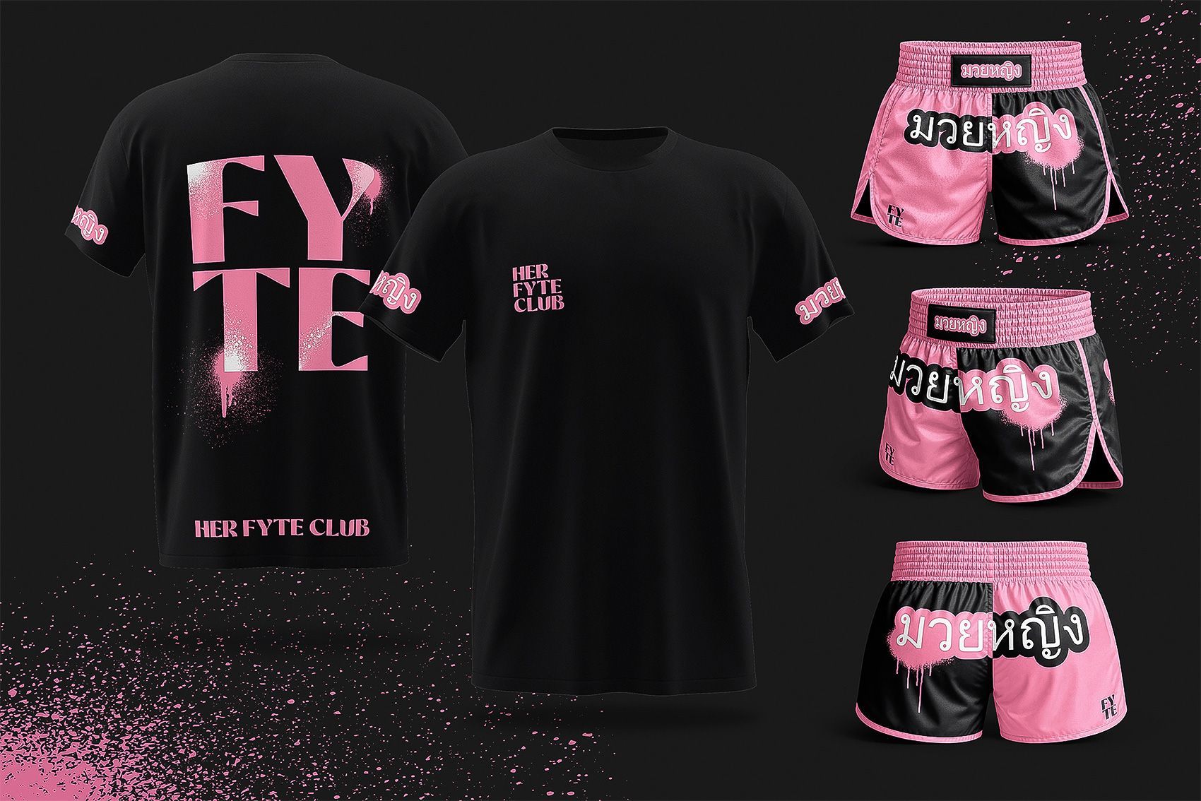 Black and pink graphic T-shirt and shorts set with bold lettering, shown front and back