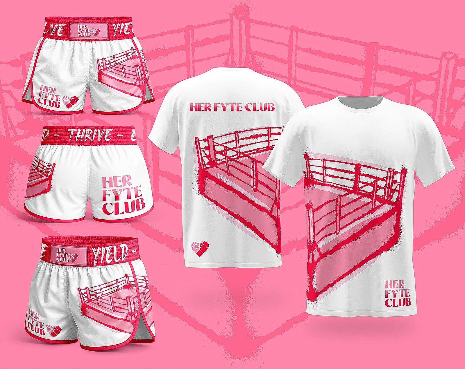 Pink and white streetwear set with graphic tees and shorts, featuring a bed frame design